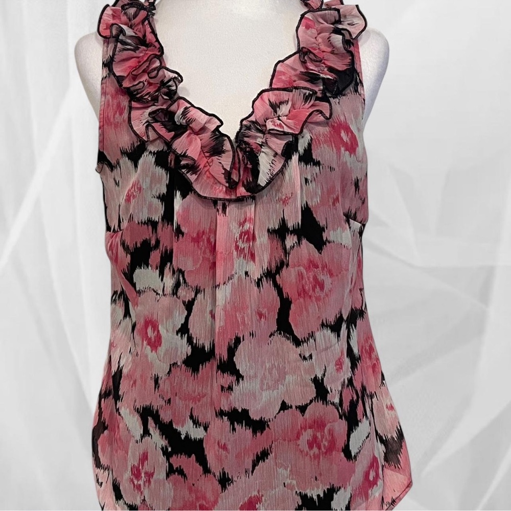 dressbarn Pink Black Floral Ruffle V-Neck Sleeveless Blouse
